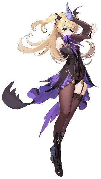 Anime picture 3840x6797 with genshin impact fischl (genshin impact) single long hair tall image looking at viewer fringe highres breasts blonde hair bare shoulders green eyes absurdres full body arms up official art transparent background girl thighhighs hair ornament