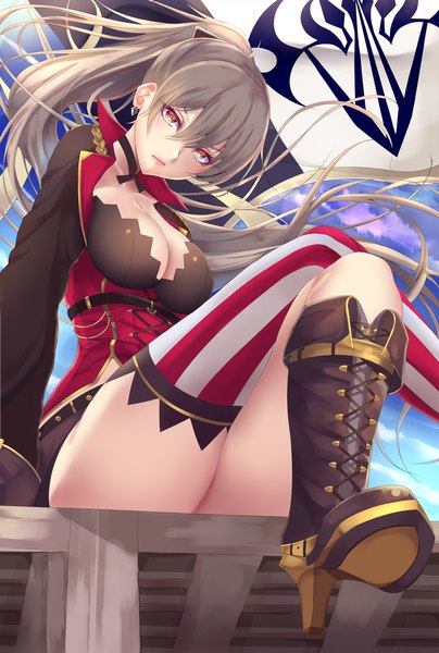 Anime picture 850x1260 with azur lane jean bart (azur lane) shiro usagi single long hair tall image looking at viewer fringe breasts light erotic hair between eyes red eyes large breasts sitting sky cleavage cloud (clouds) outdoors ponytail wind