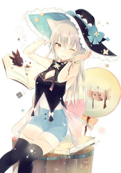 Anime picture 897x1280 with original lpip single long hair tall image looking at viewer blush fringe breasts open mouth simple background smile hair between eyes white background sitting brown eyes animal ears cleavage one eye closed grey hair