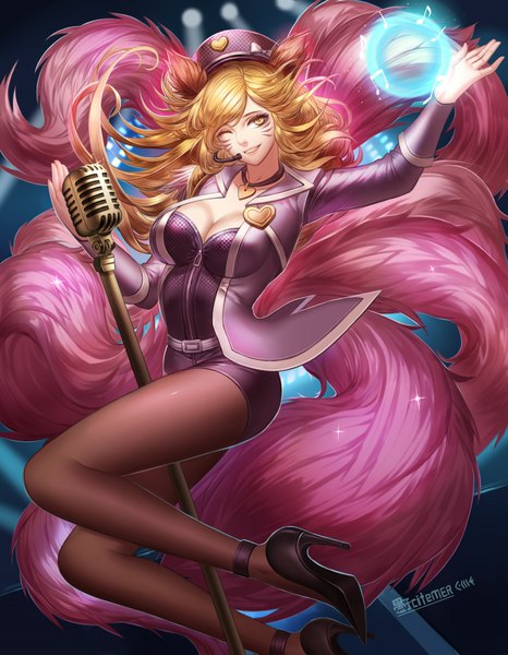 Anime picture 1493x1922 with league of legends ahri (league of legends) popstar ahri (league of legends) gu-ko citemer single long hair tall image breasts blonde hair animal ears yellow eyes looking away tail one eye closed light smile wink magic facial mark multiple tails whisker markings