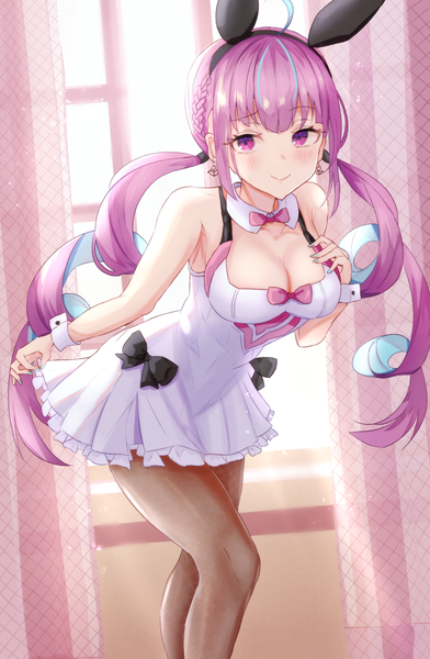 Anime picture 1176x1800 with virtual youtuber hololive minato aqua panipo2501 single long hair tall image looking at viewer blush fringe breasts light erotic smile large breasts standing purple eyes twintails bare shoulders animal ears payot