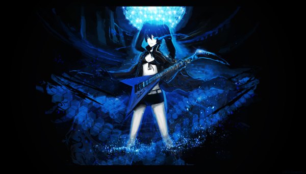 Anime picture 2856x1626 with black rock shooter black rock shooter (character) arsenixc single long hair highres blue eyes black hair smile wide image twintails midriff glowing glowing eye (eyes) girl gloves shorts belt cloak guitar