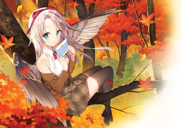 Anime-Bild 1200x853 mit original salt (salty) single long hair looking at viewer blush blue eyes smile sitting silver hair plaid skirt girl thighhighs skirt ribbon (ribbons) black thighhighs plant (plants) hair ribbon miniskirt wings