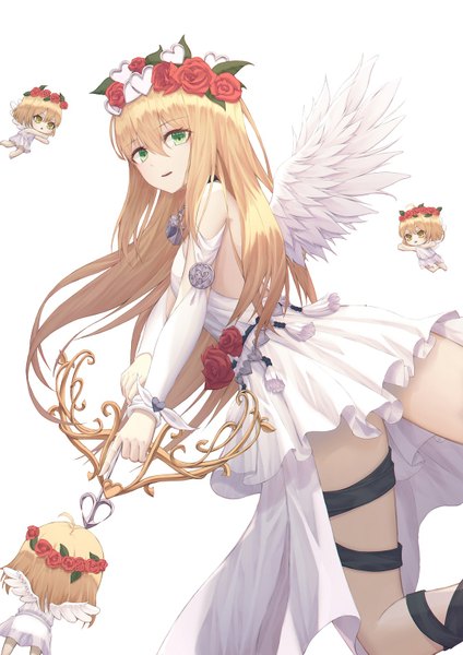 Anime picture 1116x1579 with original cupid vennie single long hair tall image looking at viewer blush fringe light erotic blonde hair hair between eyes white background green eyes parted lips chibi angel wings white wings archery girl