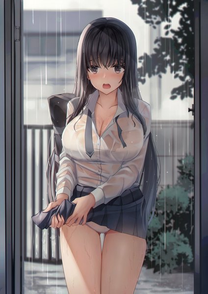 Anime picture 2171x3070 with original liya single long hair tall image looking at viewer blush fringe highres breasts open mouth light erotic black hair hair between eyes large breasts standing brown eyes cleavage long sleeves wet