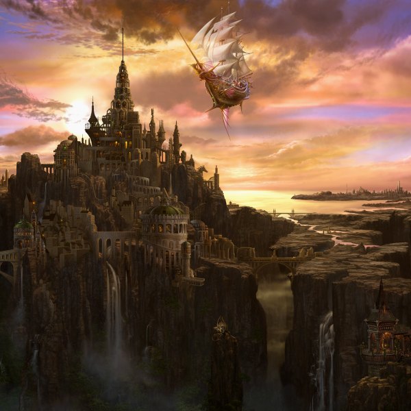 Anime picture 1200x1200 with original ucchiey sky cloud (clouds) city evening sunset cityscape fantasy scenic river waterfall animal wings water sea building (buildings) dragon castle aircraft