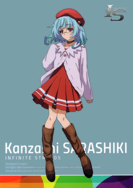 イラスト 2771x3919 と インフィニット・ストラトス エイトビット sarashiki kanzashi ソロ 長身像 highres 短い髪 赤い目 青い髪 scan 仕事絵 blue background 女の子 ドレス 眼鏡 ブーツ ベレー