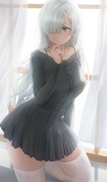 Anime picture 2316x3945 with nanatsu no taizai a-1 pictures elizabeth liones free style (yohan1754) single long hair tall image blush fringe highres blue eyes standing looking away silver hair indoors hair over one eye alternate costume standing on one leg girl thighhighs