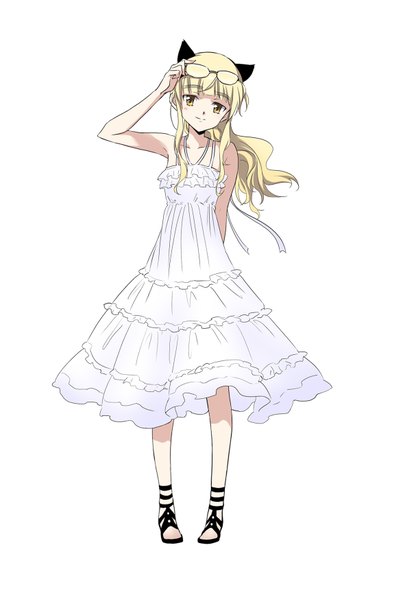 Anime picture 1181x1748 with strike witches perrine h clostermann agahari single long hair tall image looking at viewer blush fringe simple background blonde hair smile white background bare shoulders animal ears yellow eyes full body wind glasses on head girl