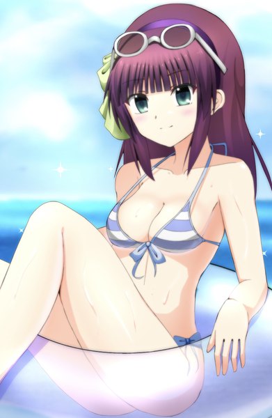 Anime picture 1336x2048 with angel beats! key (studio) nakamura yuri lelie single long hair tall image looking at viewer blush fringe breasts light erotic payot sky cleavage blunt bangs horn (horns) aqua eyes sunglasses on head transparent