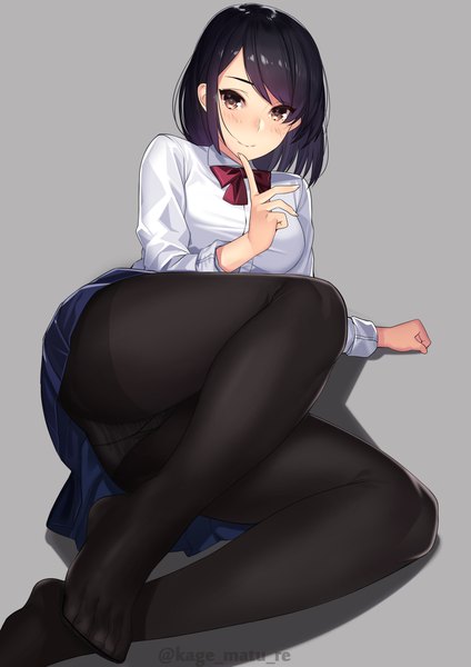 Anime picture 1447x2046 with original kagematsuri single tall image looking at viewer blush fringe short hair breasts light erotic black hair simple background smile brown eyes signed bent knee (knees) pleated skirt grey background shadow no shoes