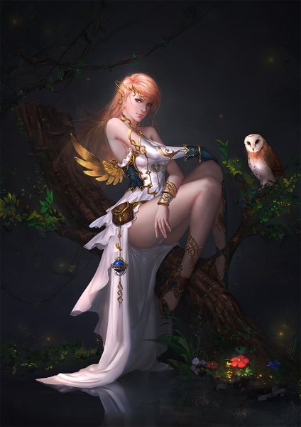 Anime picture 875x1237 with original lunwuqu (artist) single long hair tall image looking at viewer blue eyes light erotic blonde hair sitting bare shoulders girl dress gloves flower (flowers) plant (plants) animal tree (trees) elbow gloves bird (birds)