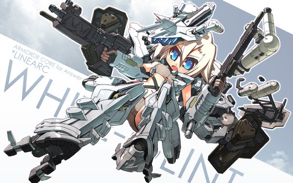 イラスト 1600x1000 と armored core white glint スサガネ 短い髪 開いた口 青い目 simple background 金髪 wide image inscription mecha musume 女の子 武器 銃砲 アサルトライフル