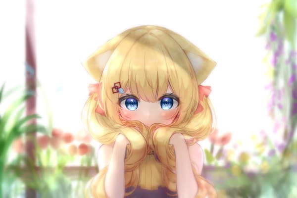 Anime picture 1800x1200 with virtual youtuber hanazono serena (channel) hanazono serena guo582 single long hair looking at viewer blush fringe highres blue eyes blonde hair hair between eyes twintails animal ears payot upper body blurry cat ears arms up