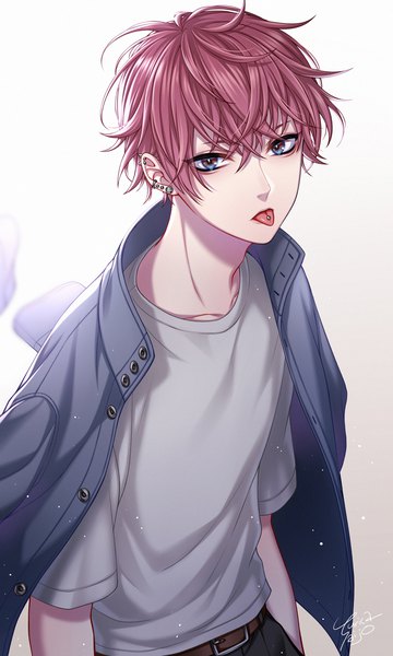 Anime picture 780x1300 with original ca yu single tall image looking at viewer fringe short hair blue eyes simple background hair between eyes white background signed red hair piercing ear piercing clothes on shoulders hands in pockets tongue piercing boy tongue
