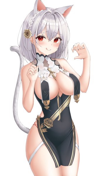 Anime picture 2367x4000 with azur lane sirius (azur lane) sirius (azure horizons) (azur lane) hsxxx single tall image looking at viewer blush fringe highres short hair breasts light erotic simple background smile hair between eyes red eyes large breasts standing white background