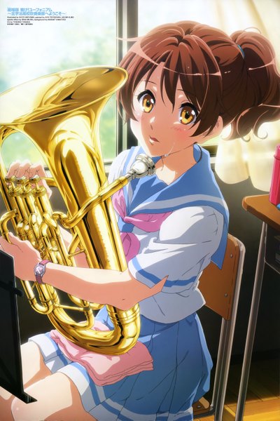 Anime picture 4086x6130 with hibike! euphonium kyoto animation oumae kumiko single tall image looking at viewer blush highres short hair open mouth brown hair sitting yellow eyes absurdres official art girl uniform school uniform musical instrument euphonium