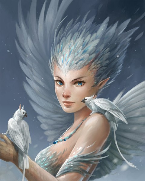 Anime picture 700x876 with original sandara tall image looking at viewer short hair blue eyes sitting bare shoulders light smile pointy ears grey background snowing sitting on person girl wings feather (feathers) necklace beads griffin