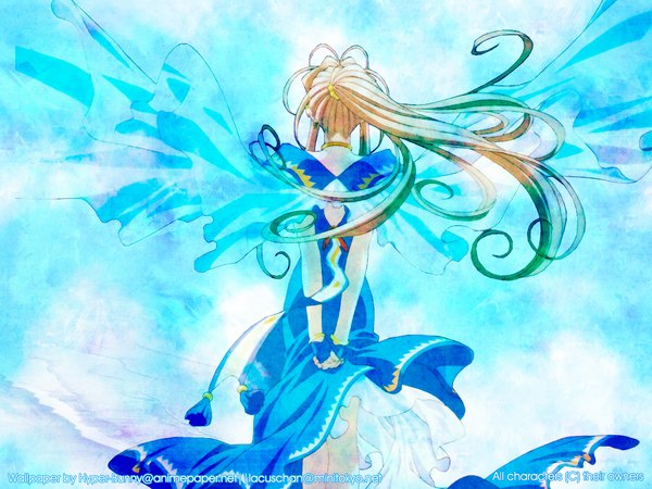 Anime picture 1024x768 with aa megami-sama anime international company belldandy long hair blonde hair ponytail wind from behind wallpaper blue background girl wings