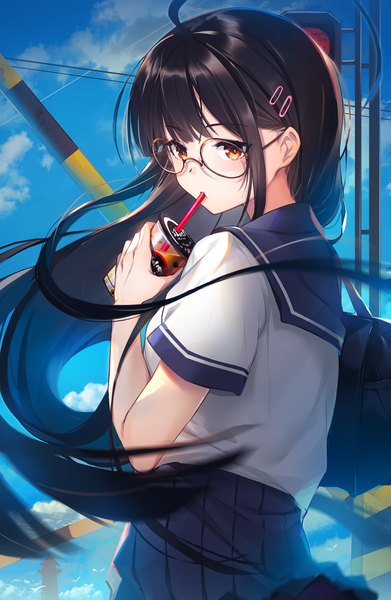 Anime picture 1304x2000 with original baisi shaonian single long hair tall image looking at viewer blush fringe black hair red eyes standing holding sky cloud (clouds) ahoge outdoors pleated skirt looking back wind short sleeves