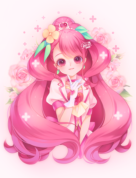 Anime picture 1378x1800 with precure healin' good precure toei animation hanadera nodoka cure grace aoi itou single long hair tall image looking at viewer signed pink hair upper body ponytail pink eyes puffy sleeves magical girl 2020 girl gloves