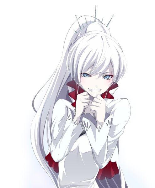 Anime picture 1194x1450 with rwby rooster teeth weiss schnee jijii48 single long hair tall image looking at viewer blue eyes smile white background white hair ponytail happy adjusting clothes girl dress hair ornament earrings