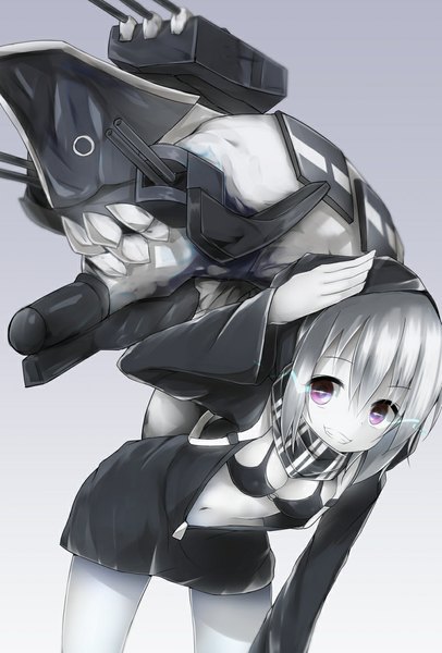 Anime picture 775x1144 with kantai collection re-class battleship mizushina minato single tall image looking at viewer short hair purple eyes grey hair teeth grin bent over shinkaisei-kan girl navel weapon scarf gun hood hoodie