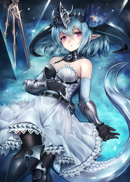 Anime picture 4300x6000 with shadowverse whitefrost dragonewt filene snm (sunimi) single tall image looking at viewer blush fringe highres short hair breasts light erotic hair between eyes purple eyes bare shoulders payot absurdres cleavage tail lying