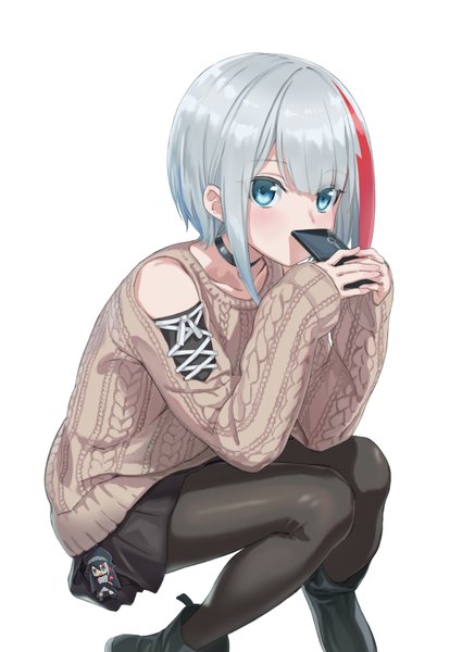 Anime picture 1075x1518 with azur lane admiral graf spee (azur lane) deutschland (azur lane) admiral graf spee (daily peaceful life) (azur lane) tuchinokoeffect single tall image looking at viewer blush fringe short hair blue eyes simple background white background holding silver hair blunt bangs long sleeves pleated skirt multicolored hair