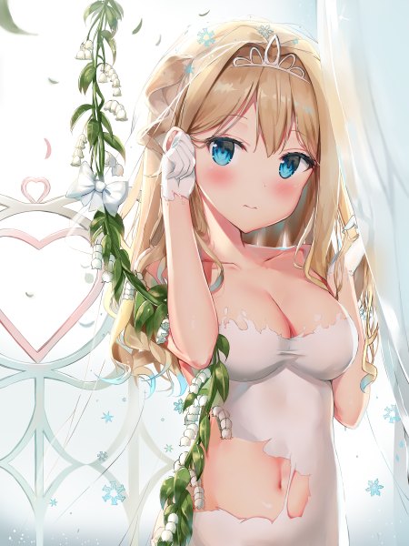 Anime picture 3600x4800 with girls frontline suomi kp31 (girls frontline) bachibachi (tisen) single long hair tall image looking at viewer blush fringe highres breasts blue eyes light erotic blonde hair hair between eyes standing bare shoulders payot absurdres cleavage