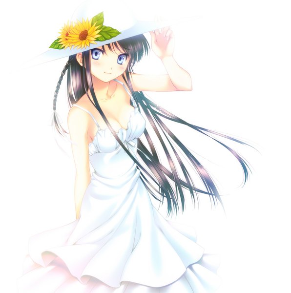 Anime picture 992x1000 with original touto seiro single long hair tall image blush blue eyes simple background white background purple hair girl dress hat sundress