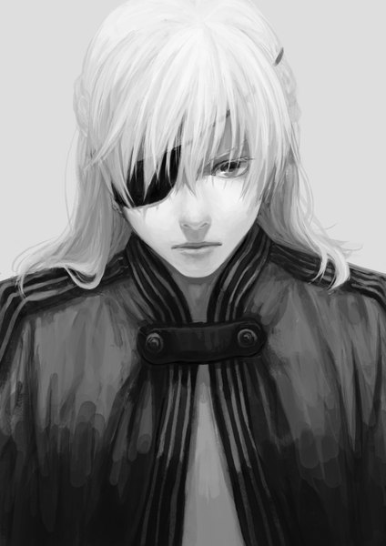 Anime picture 2480x3508 with the last story yurick (the last story) yh632346465 single long hair tall image fringe highres simple background silver hair lips grey background grey eyes monochrome pale skin boy eyepatch