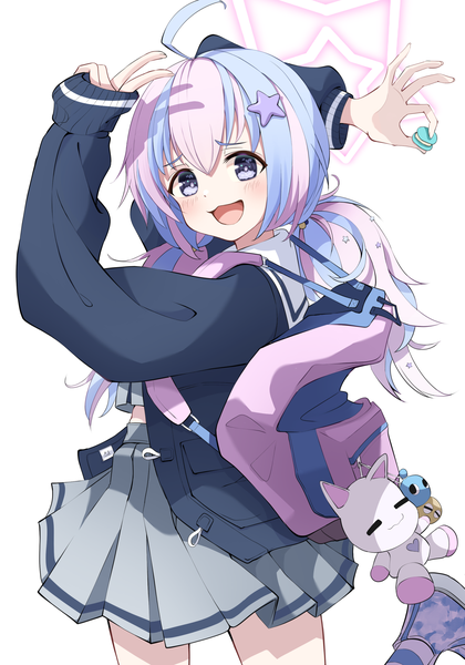 Anime picture 1631x2328 with blue archive reisa (blue archive) shijima (shijima tc) single long hair tall image fringe open mouth simple background hair between eyes white background purple eyes twintails blue hair pink hair ahoge long sleeves :d pleated skirt multicolored hair