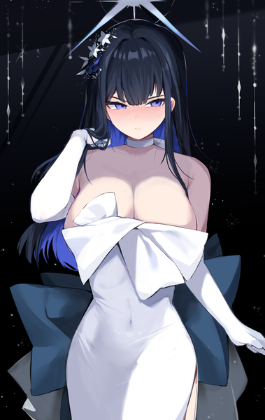 Anime picture 2400x3800 with blue archive saori (blue archive) saori (dress) (blue archive) mindoll single long hair tall image blush fringe highres breasts blue eyes light erotic black hair simple background standing looking away cleavage blunt bangs multicolored hair