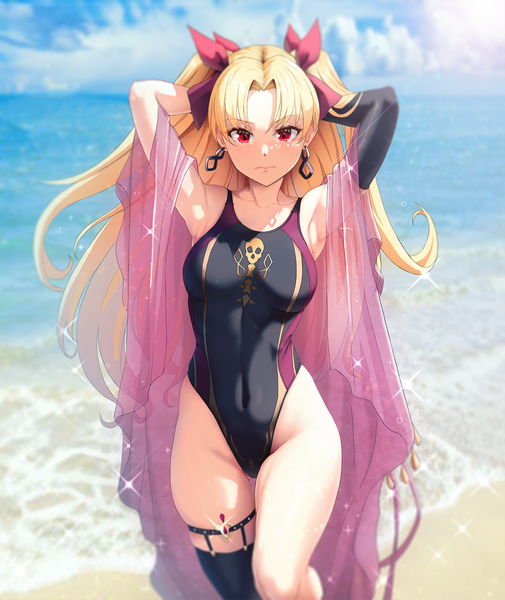 Anime picture 1388x1649 with fate (series) fate/grand order ereshkigal (fate) solar (happymonk) single long hair tall image looking at viewer fringe breasts light erotic blonde hair red eyes standing sky cloud (clouds) outdoors blurry arms up sparkle