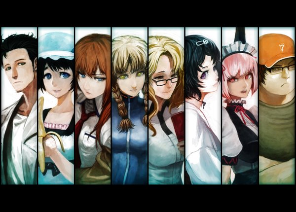 Anime picture 1346x965 with steins;gate white fox makise kurisu shiina mayuri okabe rintarou faris nyannyan amane suzuha urushibara ruka kiryuu moeka hashida itaru huke lack blue eyes black hair blonde hair red eyes purple eyes yellow eyes pink hair red hair