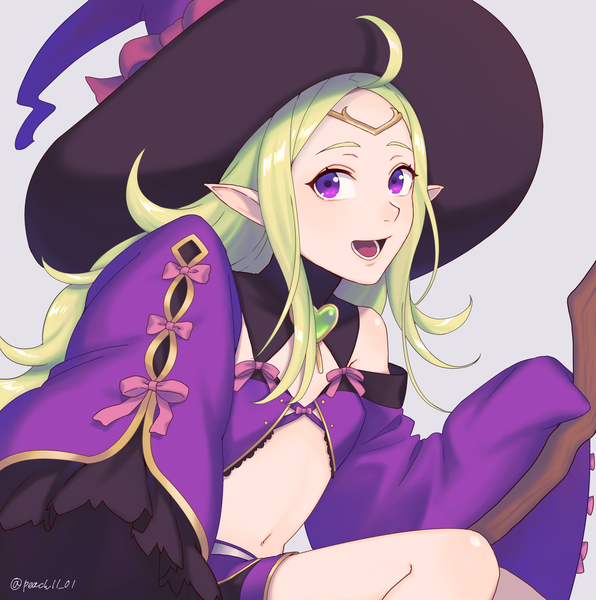 Anime picture 2926x2944 with fire emblem fire emblem awakening fire emblem heroes nintendo nowi (fire emblem) nowi (halloween) (fire emblem) peach11 01 single long hair tall image looking at viewer highres open mouth simple background purple eyes signed ahoge long sleeves :d green hair