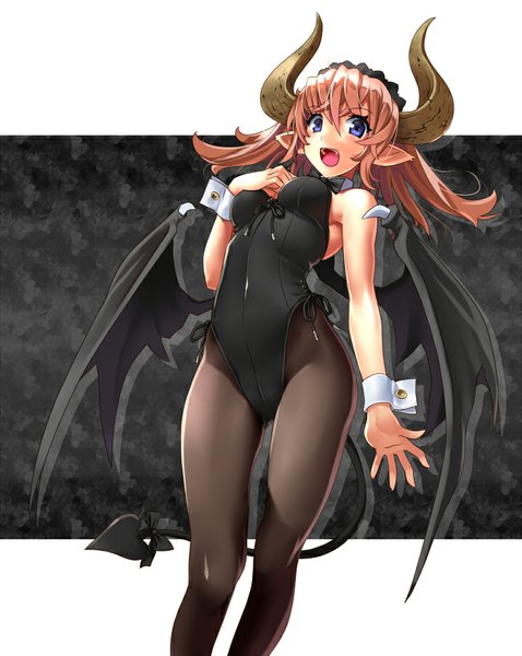 Anime picture 718x900 with original katahira masashi single long hair tall image looking at viewer breasts open mouth light erotic bare shoulders tail pointy ears orange hair grey eyes demon girl demon tail demon wings tail ribbon girl pantyhose