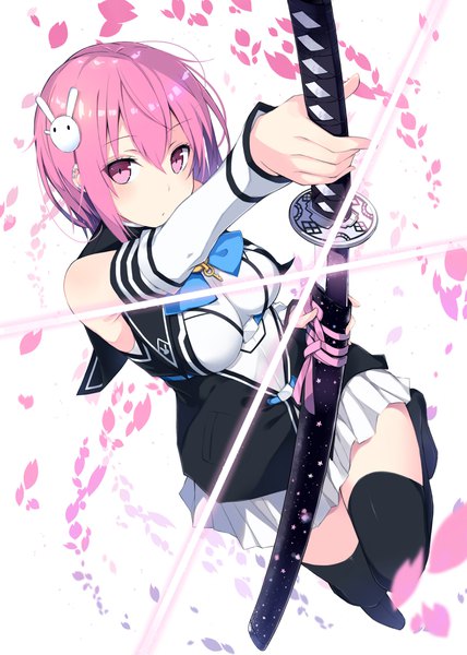 Anime picture 2919x4096 with original kurebayashi noe single tall image looking at viewer blush fringe highres short hair hair between eyes white background bare shoulders holding pink hair pleated skirt pink eyes zettai ryouiki thighs piercing outstretched arm