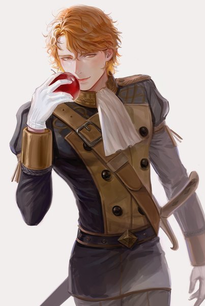 Anime picture 1375x2048 with fire emblem fire emblem: three houses nintendo ferdinand von aegir vestradog single tall image looking at viewer fringe short hair simple background smile hair between eyes white background holding long sleeves orange hair orange eyes double buttons boy