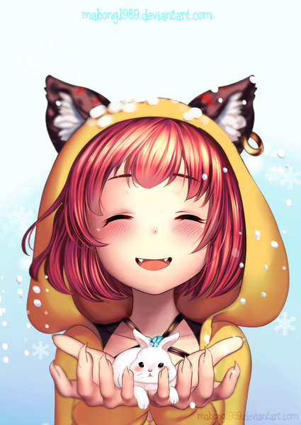 Anime picture 620x876 with original riiya (mabong1989) single tall image blush fringe short hair open mouth simple background smile holding signed animal ears upper body red hair eyes closed fingernails fang (fangs) piercing ear piercing