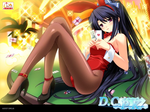 Anime picture 1280x960 with single blush fringe light erotic smile bare shoulders blue hair very long hair head tilt legs bunny girl casino girl shoes detached collar table bunnysuit card (cards)