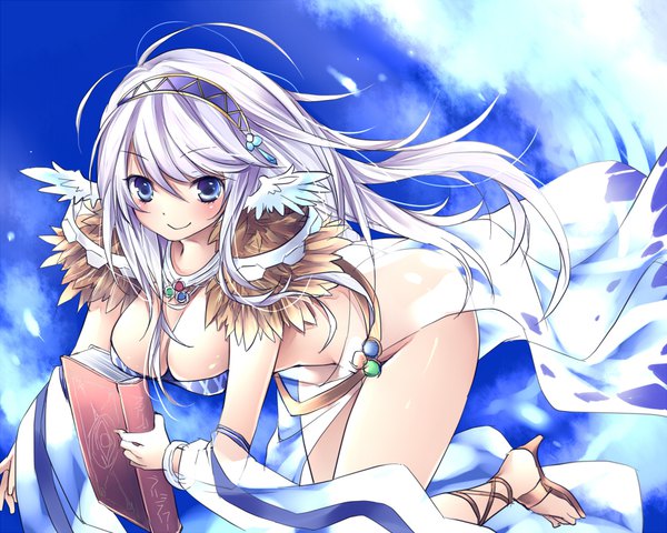 Anime picture 960x768 with ragnarok online sorcerer (ragnarok online) sorai shin'ya single long hair looking at viewer blush fringe breasts blue eyes light erotic smile hair between eyes large breasts holding sky silver hair cloud (clouds) ass wind