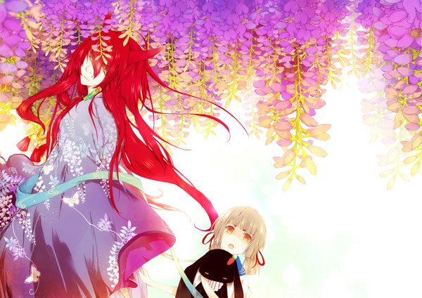 Anime picture 1414x1000 with neko denka open mouth brown hair twintails holding animal ears yellow eyes red hair braid (braids) japanese clothes horn (horns) light smile short twintails boy flower (flowers) plant (plants) kimono insect butterfly toy