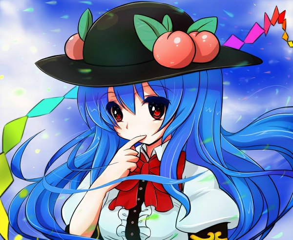 Anime picture 1024x840 with touhou hinanawi tenshi gyamo single long hair red eyes blue hair finger to mouth girl dress hat peach