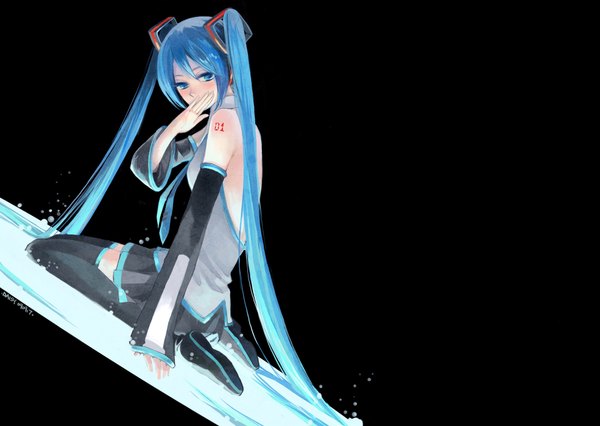 Anime picture 1970x1400 with vocaloid hatsune miku daisy (artist) single long hair highres blue eyes sitting twintails blue hair black background covered mouth girl thighhighs skirt detached sleeves necktie