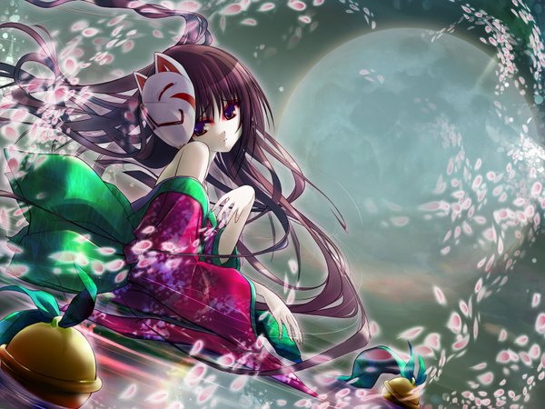 Anime-Bild 1536x1152 mit hana ta single long hair black hair red eyes japanese clothes girl petals water kimono moon bell fox mask