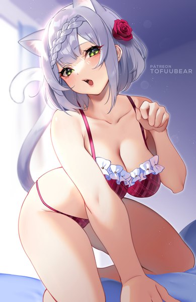 Anime picture 3850x5945 with genshin impact noelle (genshin impact) tofuubear single tall image looking at viewer blush fringe highres short hair breasts open mouth light erotic large breasts green eyes animal ears absurdres silver hair tail braid (braids)