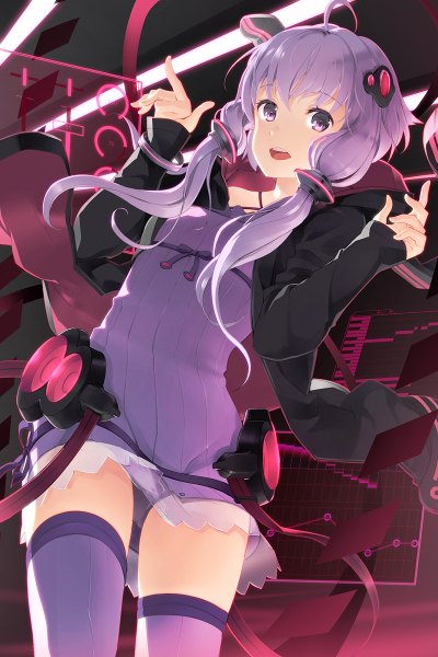 Anime picture 800x1200 with vocaloid yuzuki yukari yoshino ryou single long hair tall image looking at viewer open mouth purple eyes twintails purple hair ahoge low twintails girl thighhighs dress hair ornament jacket short dress hair tubes