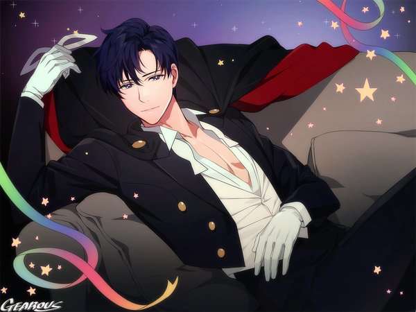 Anime-Bild 1500x1125 mit bishoujo senshi sailor moon toei animation chiba mamoru tuxedo kamen gearous single looking at viewer fringe short hair blue eyes hair between eyes holding signed blue hair light smile turning head reclining partially open clothes purple background boy